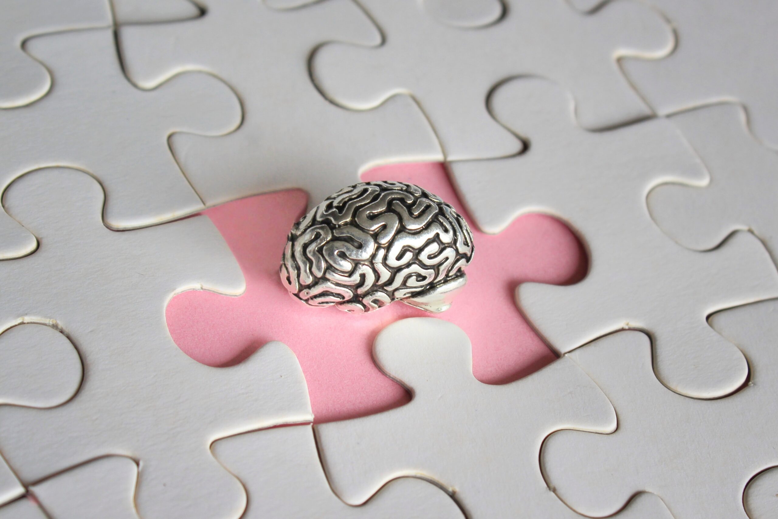 Silver metal brain inside of a jigsaw puzzle