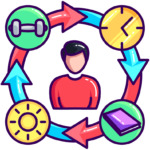 ADHD Symptoms, drawing of man surrounded by revolving multiple choices, implying attention deficit