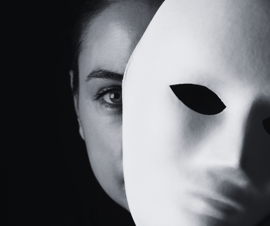 Woman hiding behind a mask